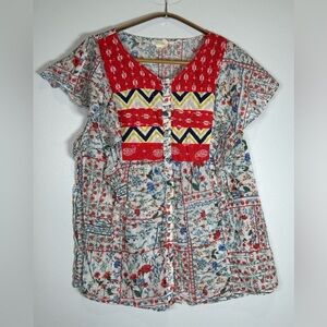 Anthropologie Let Me Be Boho Hippie Festival Linen Button Up Festive Blouse.
